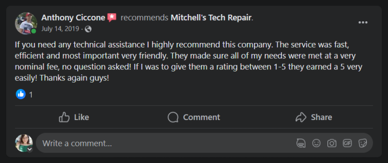 Mitchells Tech Repair 5 Star Review